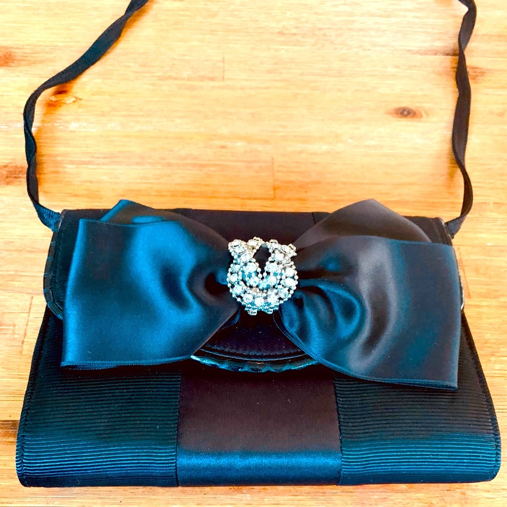 Elegant Black Satin Clutch with Bow crystal Accent